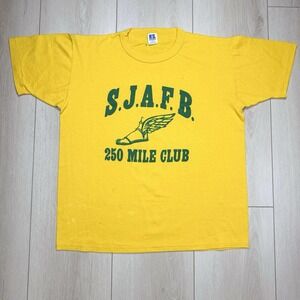 Vintage SZ L Russell Athletic SJAFB 250 Mile Club T Shirt Yellow Green USA Made